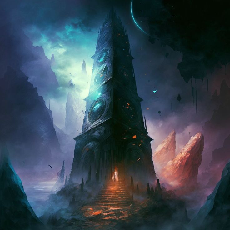 an artistic painting of a tower in the middle of a dark forest with mountains surrounding it