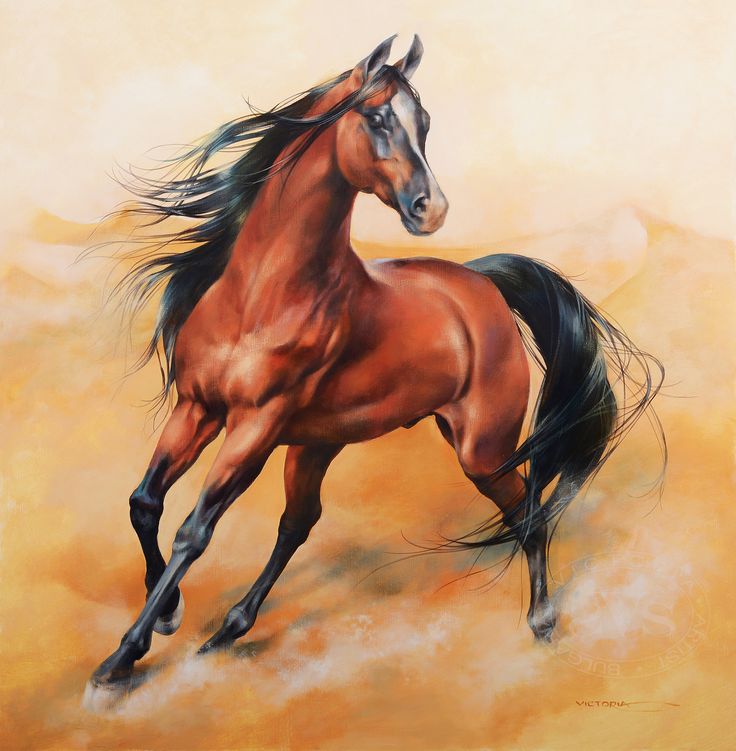 a painting of a brown horse running in the sand with its front legs spread out