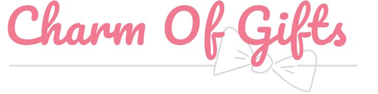 the charm of gifts logo is shown in pink and white, with an image of a bow