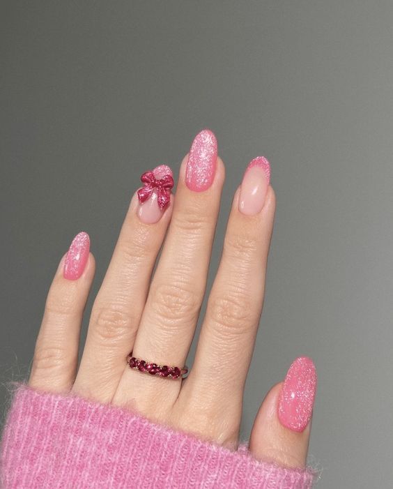 Pink Nails With Rainbow Design, Bow Tie Nails Design, Velvet Nails Pink, Pink Nails Bow, Pink Graduation Outfit, Aesthetic Birthday Nails, Pink Birthday Nail Designs, Bows On Nails, Pink Velvet Nails