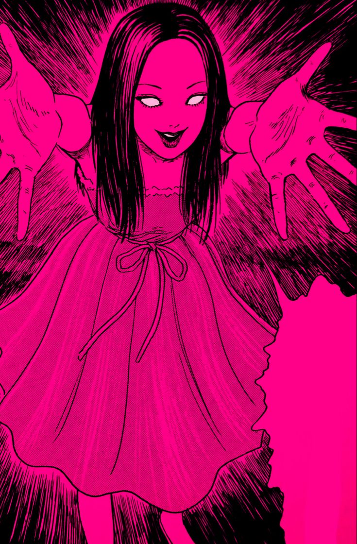 a drawing of a girl in pink with angel wings above her head and hands outstretched