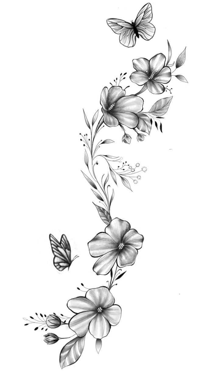 a black and white drawing of flowers with butterflies