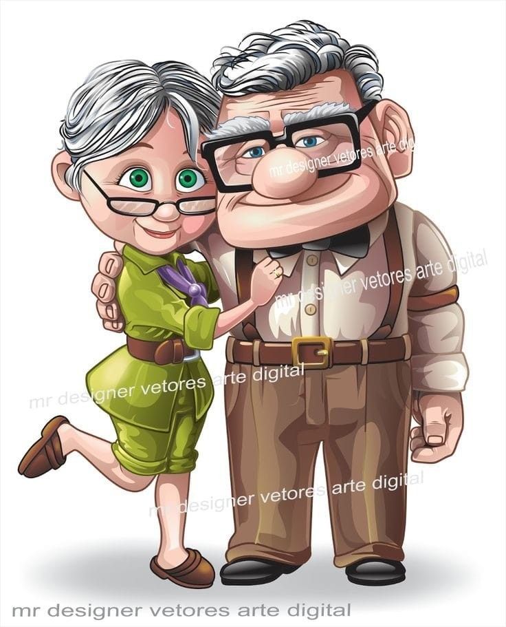 an old man and woman hugging each other with glasses on their heads, in front of white