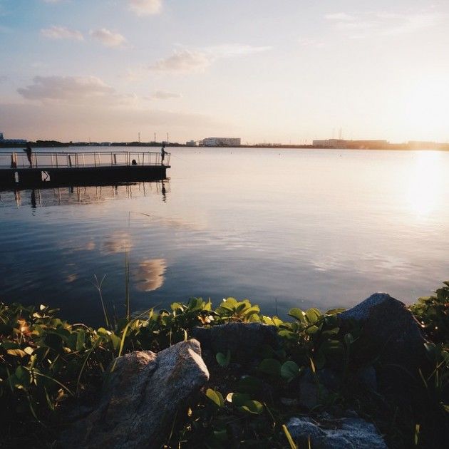 the sun is setting over the water and there are some rocks in the foreground