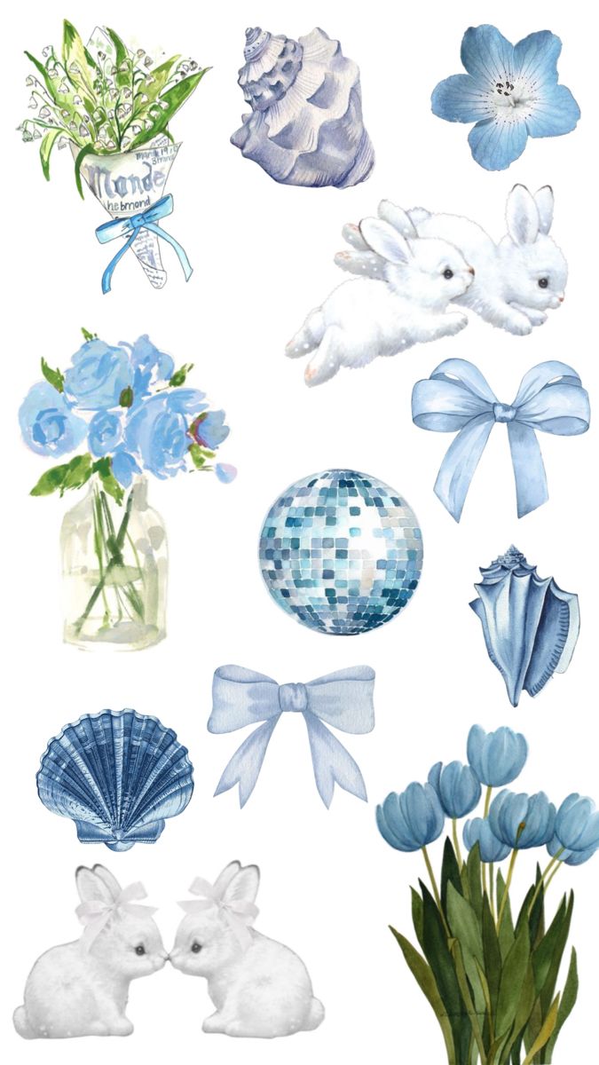 blue and white watercolors with flowers, shells, and rabbits in vases