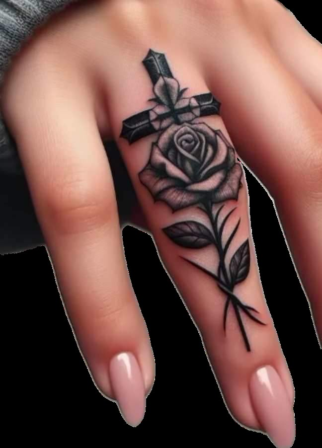 a woman's hand with a cross and rose tattoo on the middle finger,