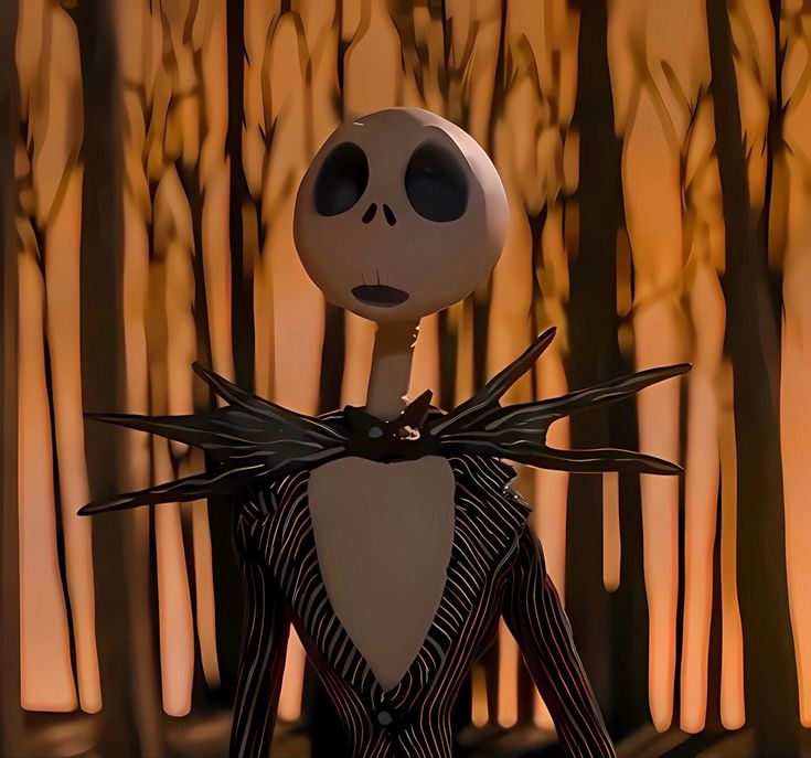 a cartoon character with a creepy look on his face and arms, standing in front of trees