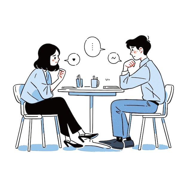 two people sitting at a table talking to each other with speech bubbles above their heads