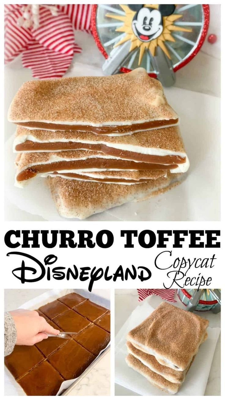 a bunch of food that is on top of a white plate and in front of the words churro toffe disneyland