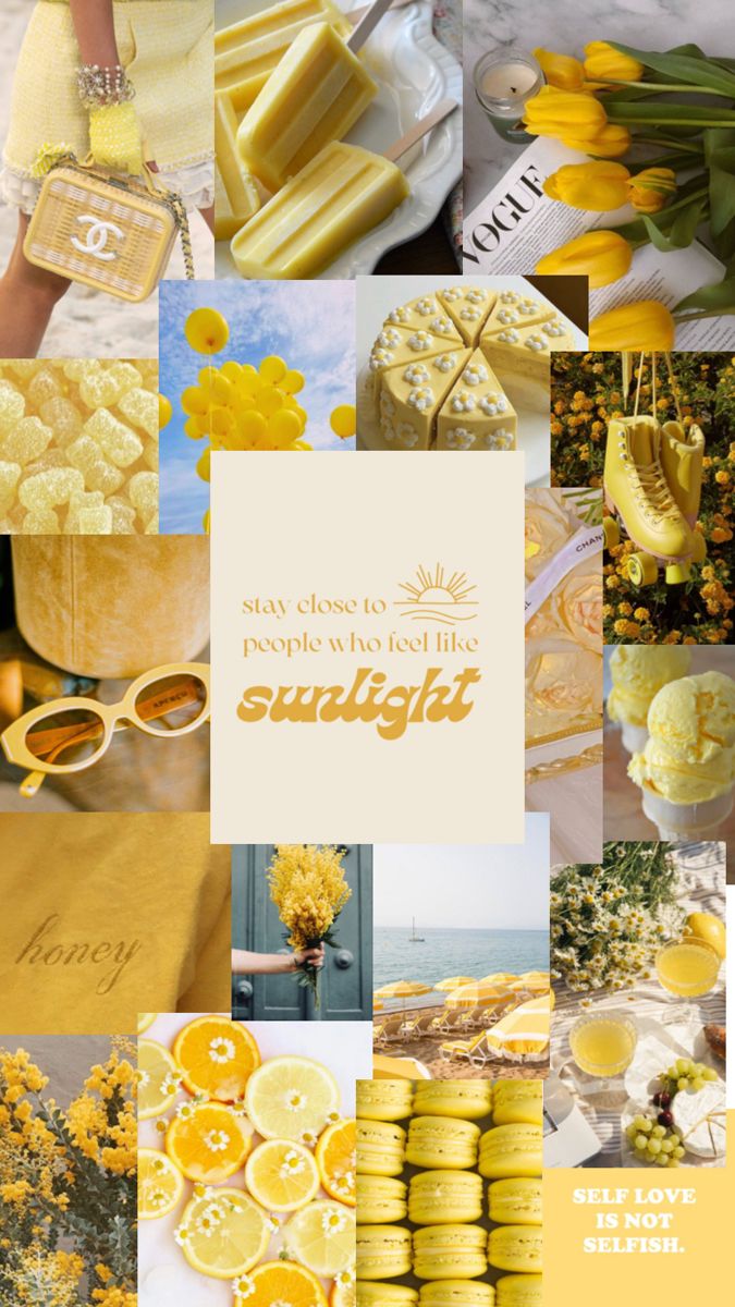 yellow and white collage with the words sunshine written on it, surrounded by pictures of lemons