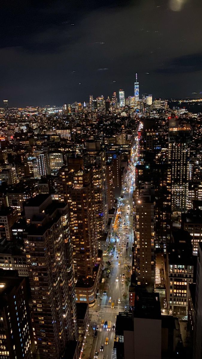 an aerial view of the city at night