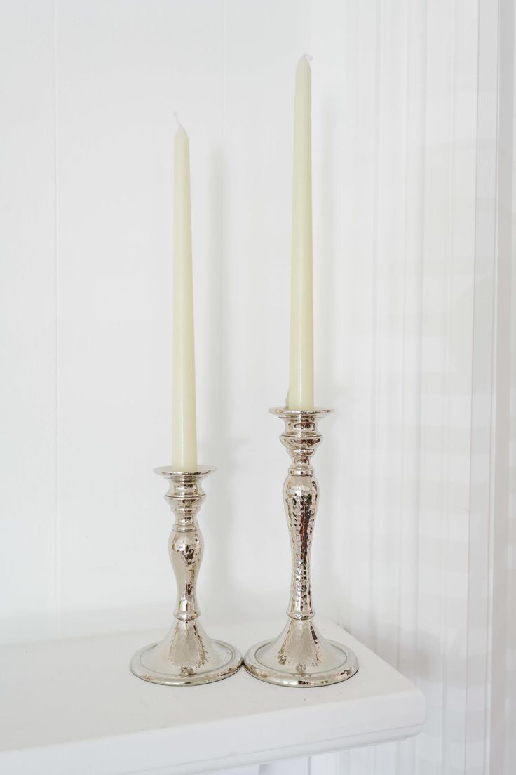 Nickel Candlestick Holders - Sootheandsage.com Sabbath Candles, White Candle Sticks, Silver Candlesticks, Vintage Candle Holders, White Candles, Dinner Table, First Home, Candlestick Holders, Taper Candle