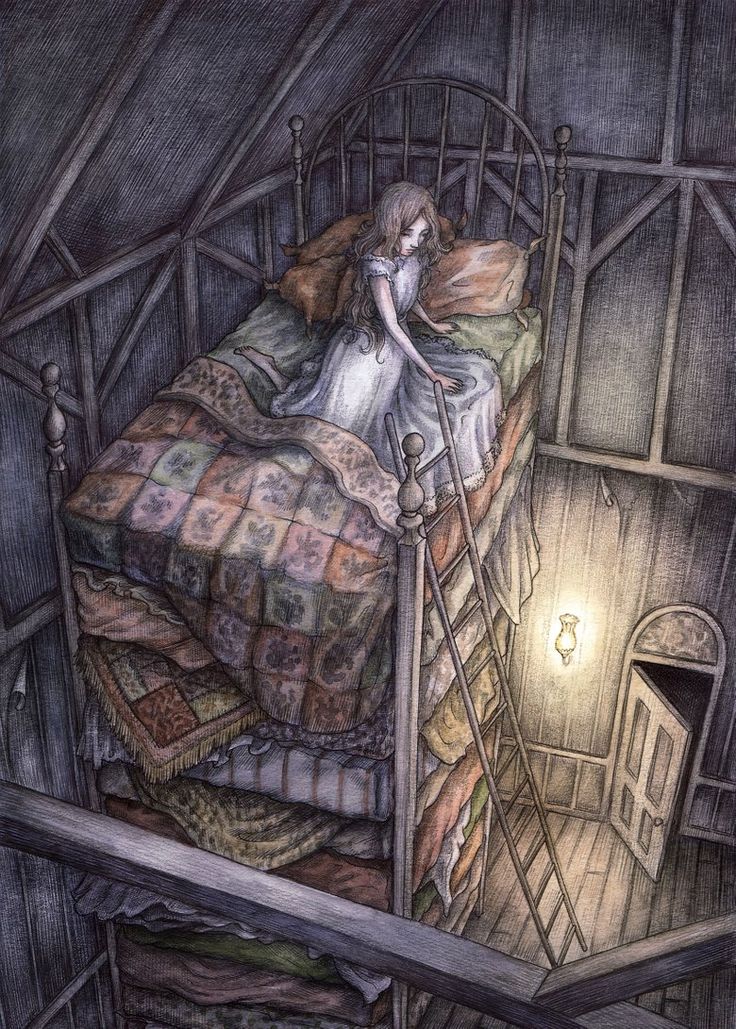 a drawing of a woman sitting on top of a bed