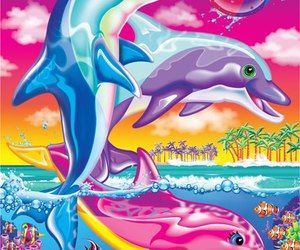 two dolphins playing in the ocean with a beach ball and palm trees behind them on a colorful background