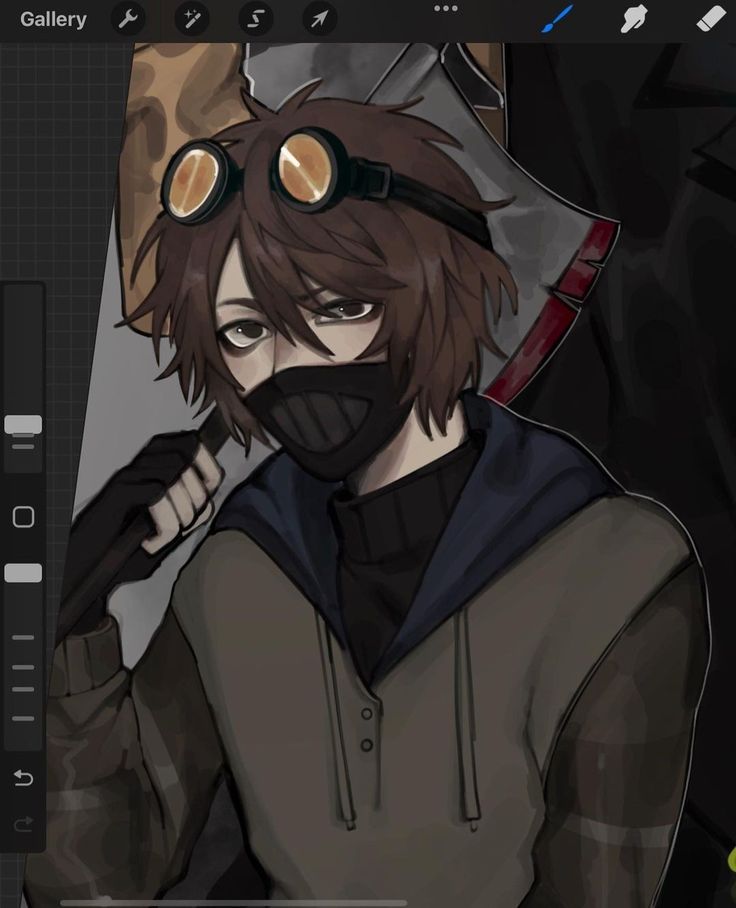 an anime character wearing goggles and a hoodie holding a knife in his hand