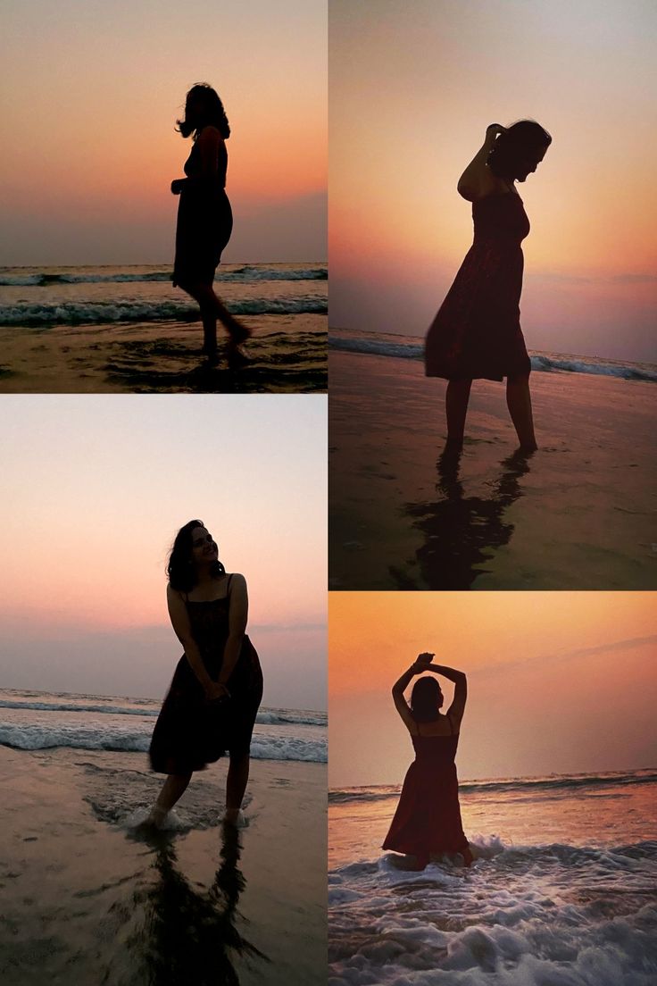 a woman standing on top of a sandy beach next to the ocean at sunset with her arms in the air