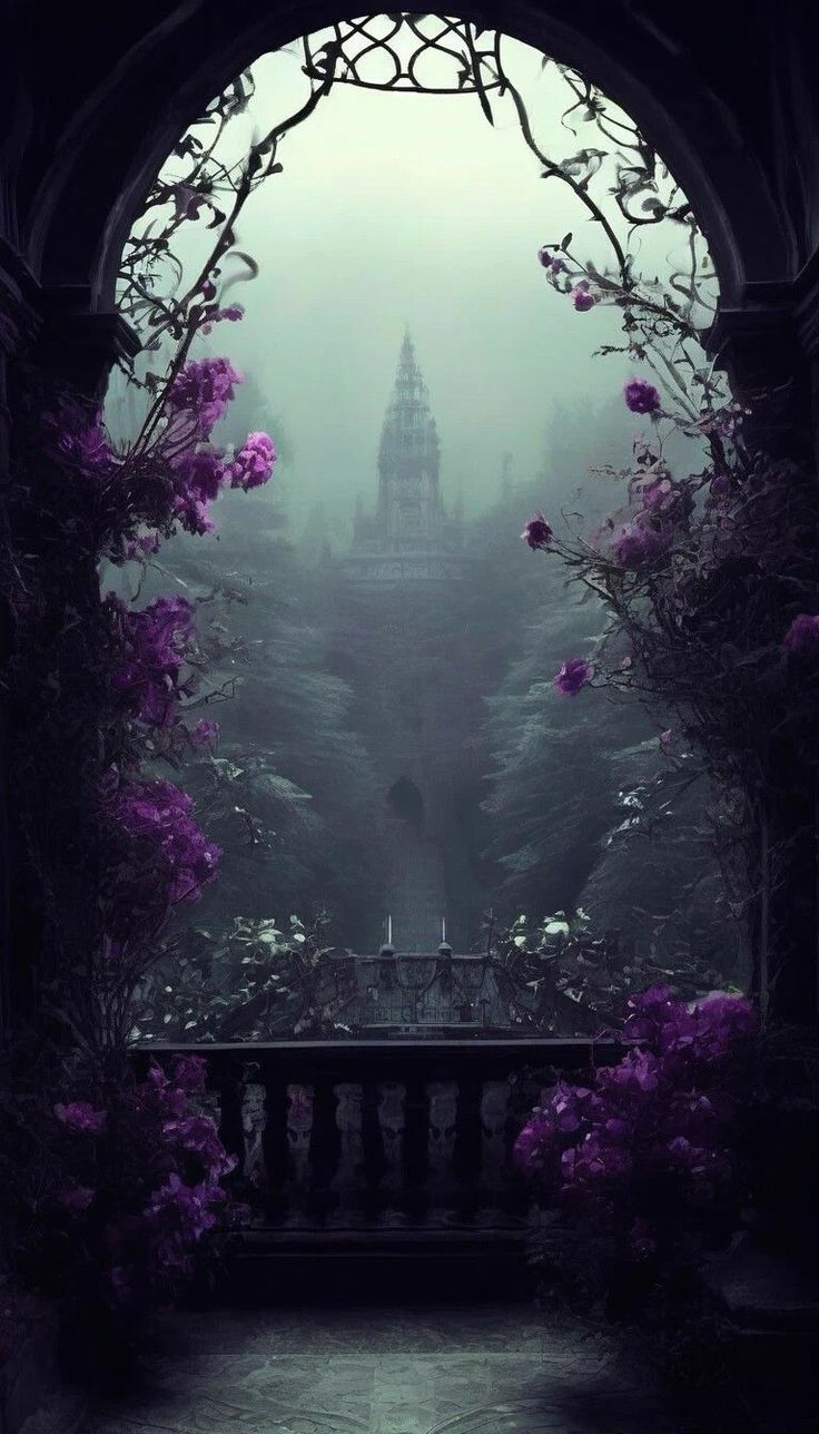 an arch with purple flowers on it and a building in the back ground, surrounded by greenery