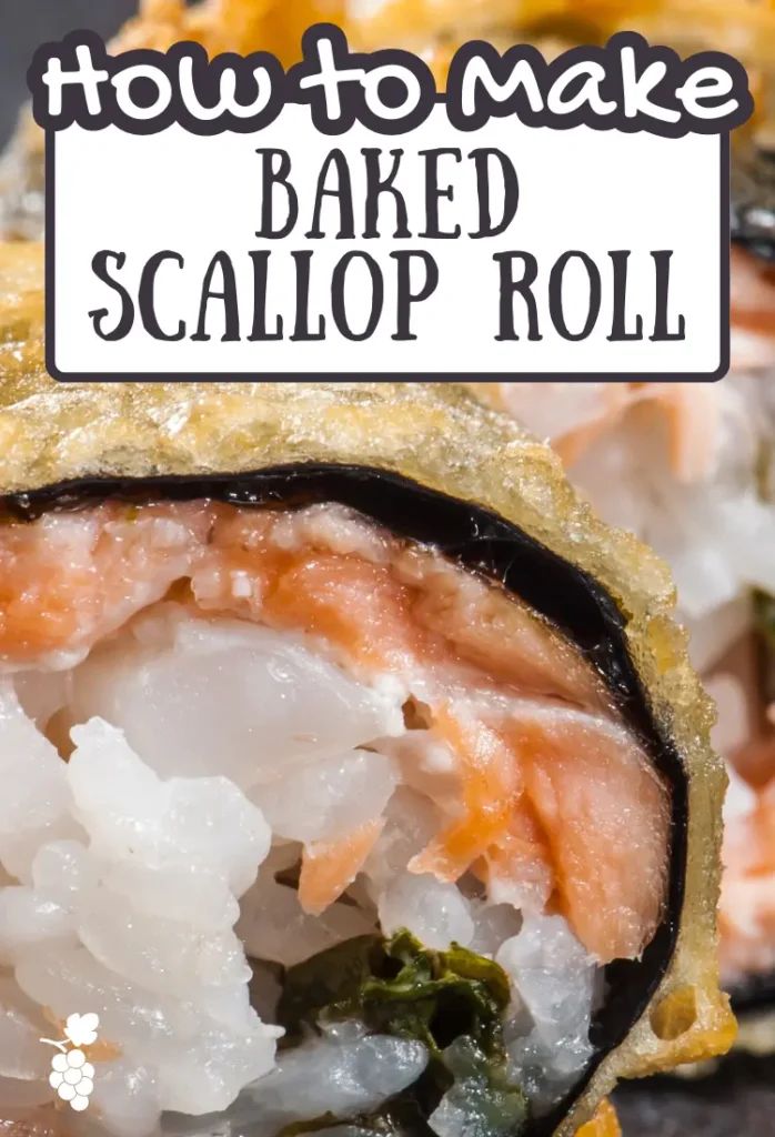 a close up of food with the words how to make baked scallop roll