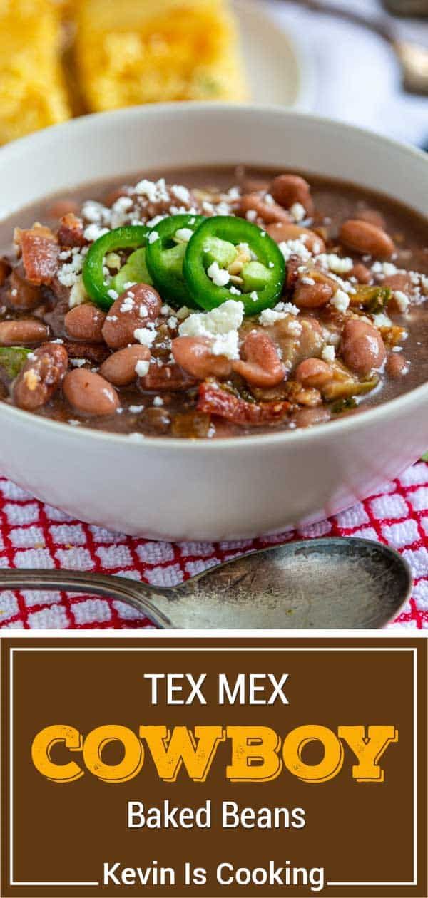 tex mex cowboy baked beans in a white bowl on a red and white checkered tablecloth