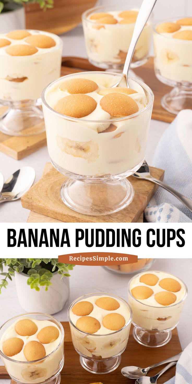 banana pudding cups in small glass dishes with spoons on the side and title text overlay