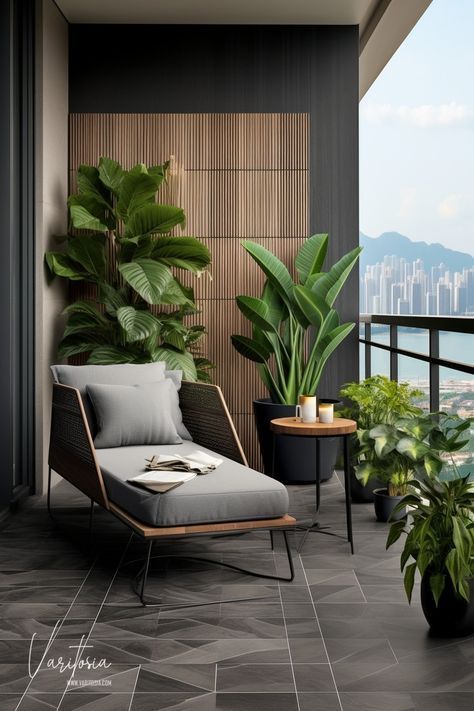 a balcony with potted plants and a chaise lounge chair on the floor next to it