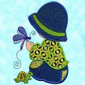 a little boy with a hat and turtle on his lap is holding a blue butterfly