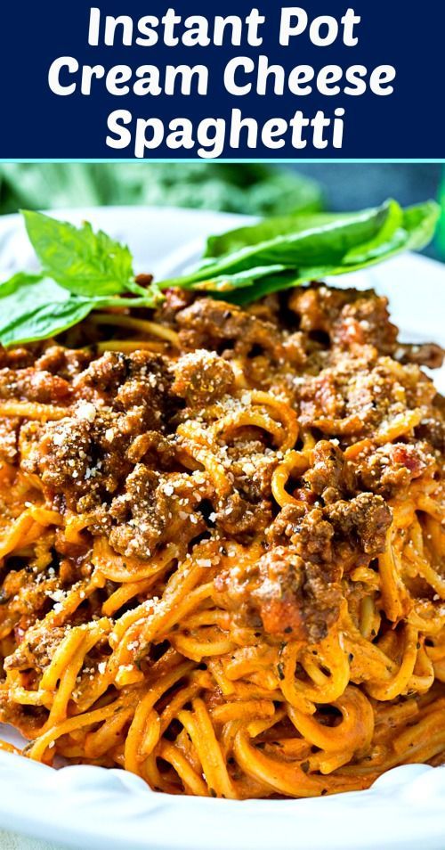 an image of spaghetti with meat and sauce on a plate in front of the words instant pot cream cheese spaghetti