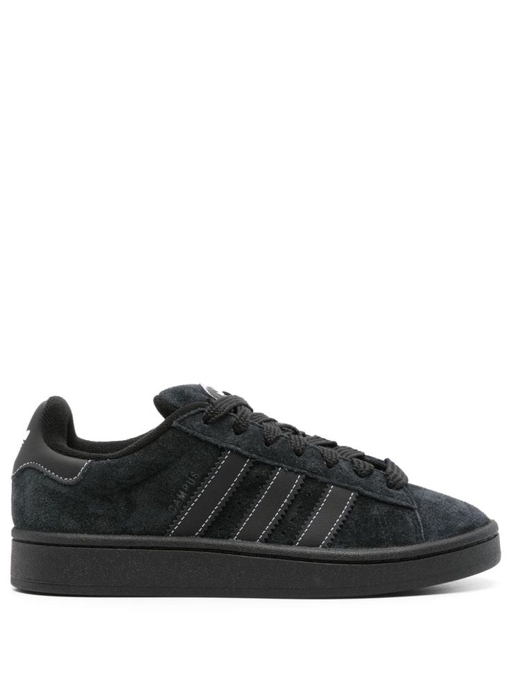 black/white calf suede panelled design signature 3-Stripes logo signature trefoil logo detail logo patch at the tongue contrasting branded heel counter contrast stitching round toe front lace-up fastening padded ankle branded insole flat rubber sole Black Campus 00s, All Black Shoes Women, Black Shoes For School, Cute Black Sneakers, Adidas Campus Black, Black Chunky Shoes, Black Adidas Campus, Black Sneakers For Women, Black Shoes For Women