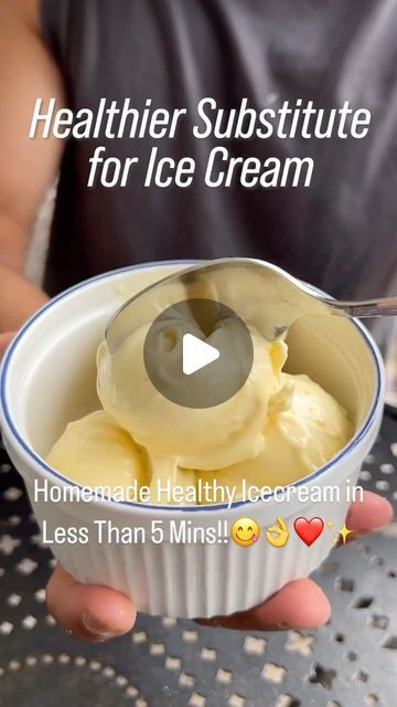 a person holding a bowl of ice cream with the words healthier substance for ice cream