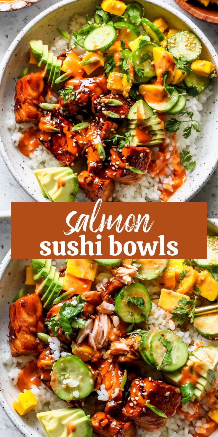 salmon sushi bowls with rice, cucumbers and avocado