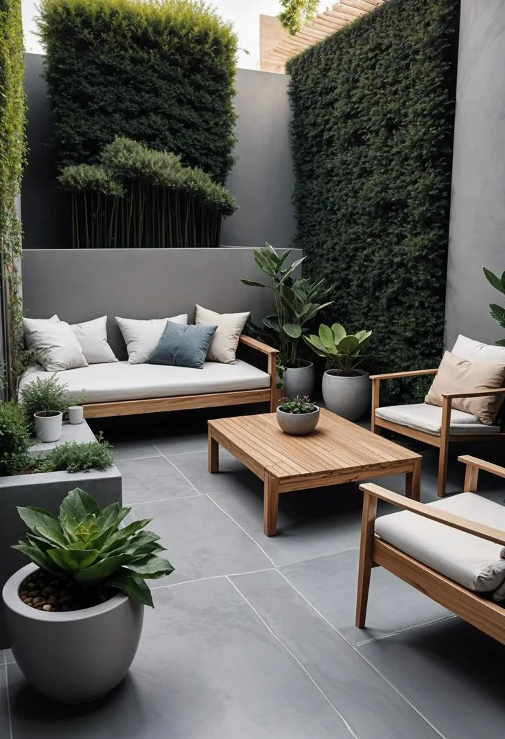 an outdoor living area with couches, tables and potted plants