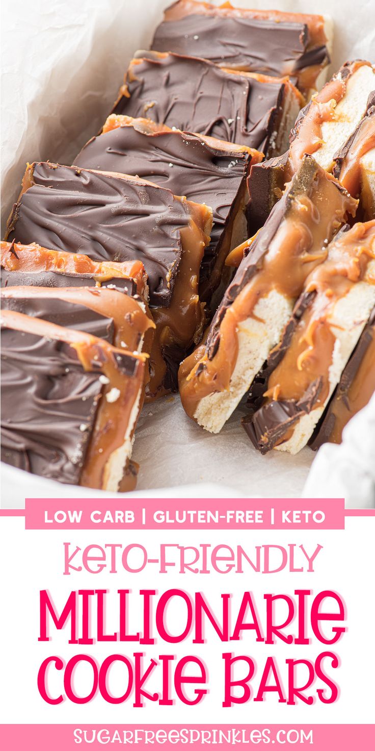 the keto - friendly chocolate caramel cookie bars are ready to be eaten