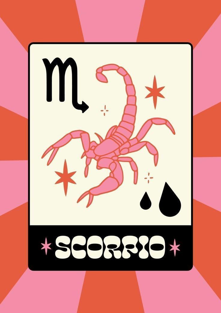 the scorro zodiac sign is displayed on an orange and pink background