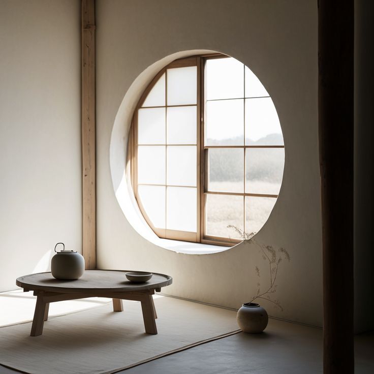 a round window in a room with a table and vase on the floor next to it