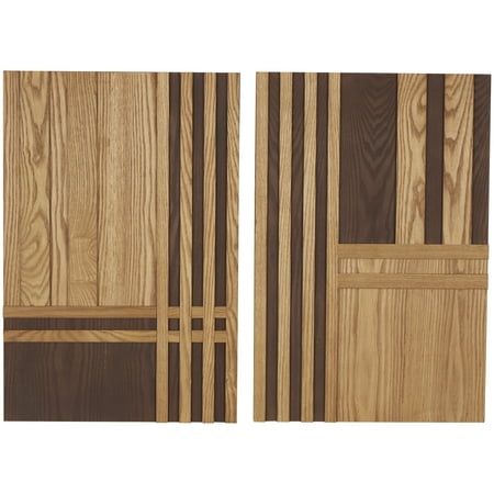 two pieces of wood are shown with different colors and designs on the doors, one is brown