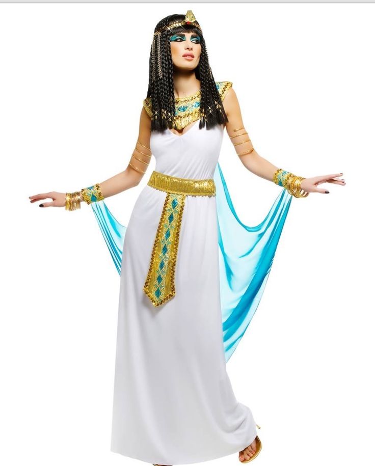 an egyptian woman dressed in white and blue with gold accents on her head, holding out her arms