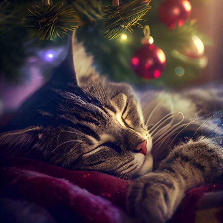 a cat sleeping under a christmas tree with its eyes closed