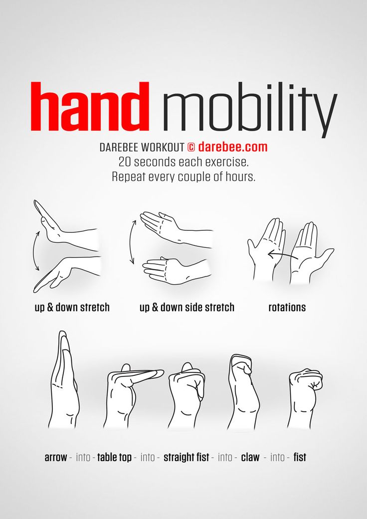 the instructions for hand mobility are shown in red, white and black text on a gray background