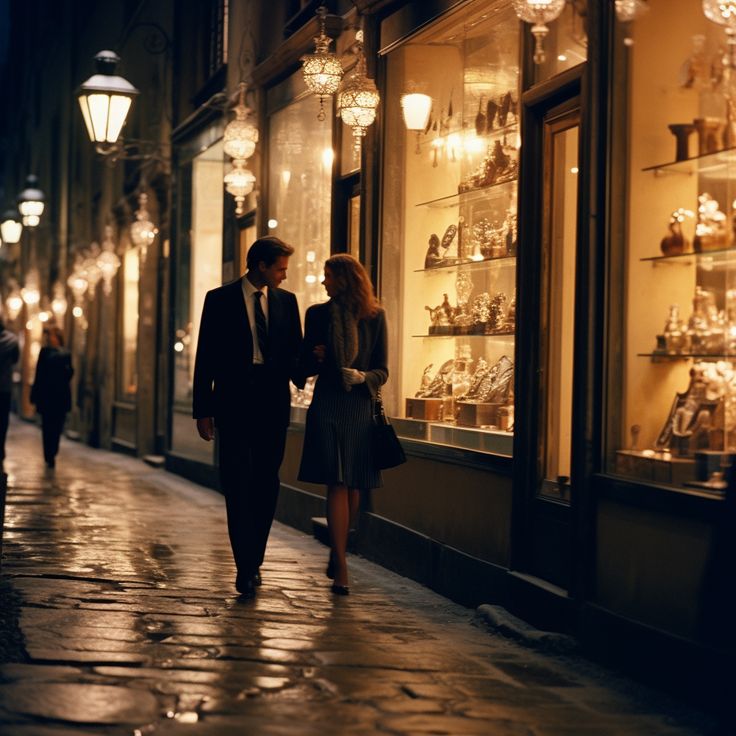 a man and woman walking down the street at night