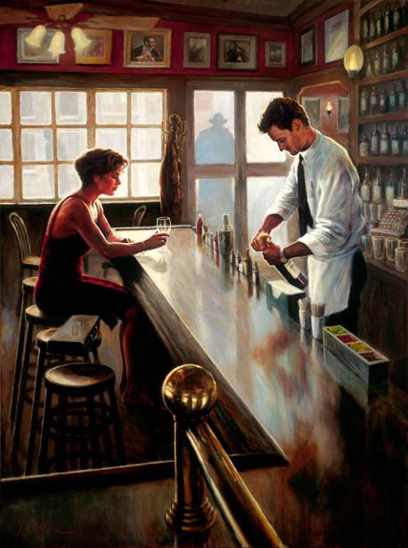 a painting of two people sitting at a bar in front of a man and woman