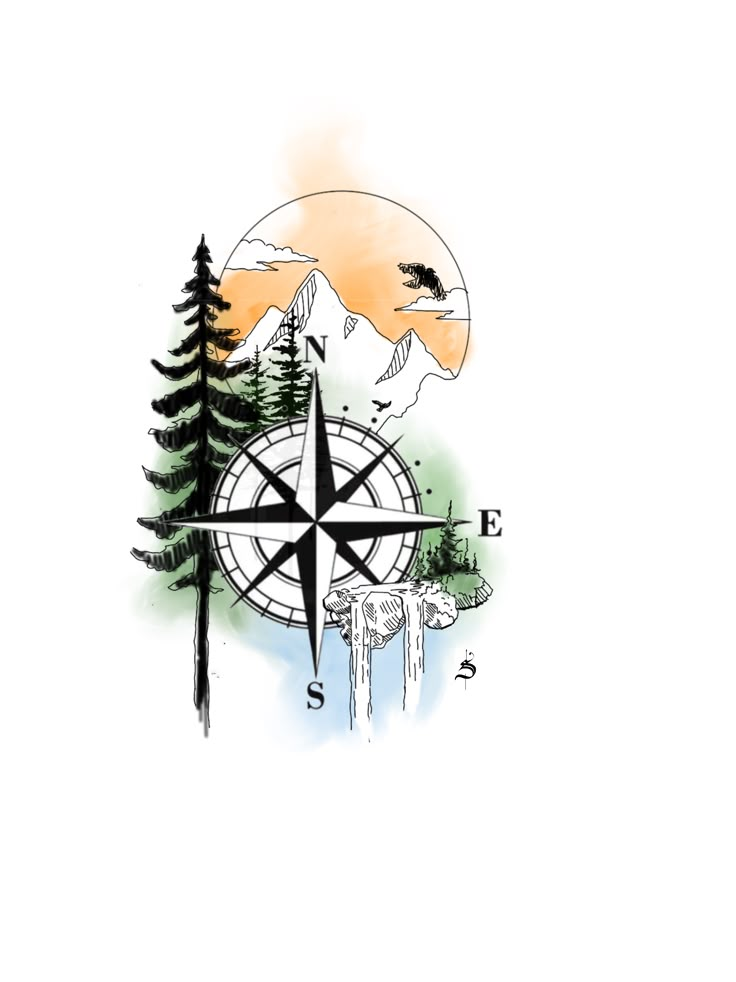 a compass with trees and mountains in the background