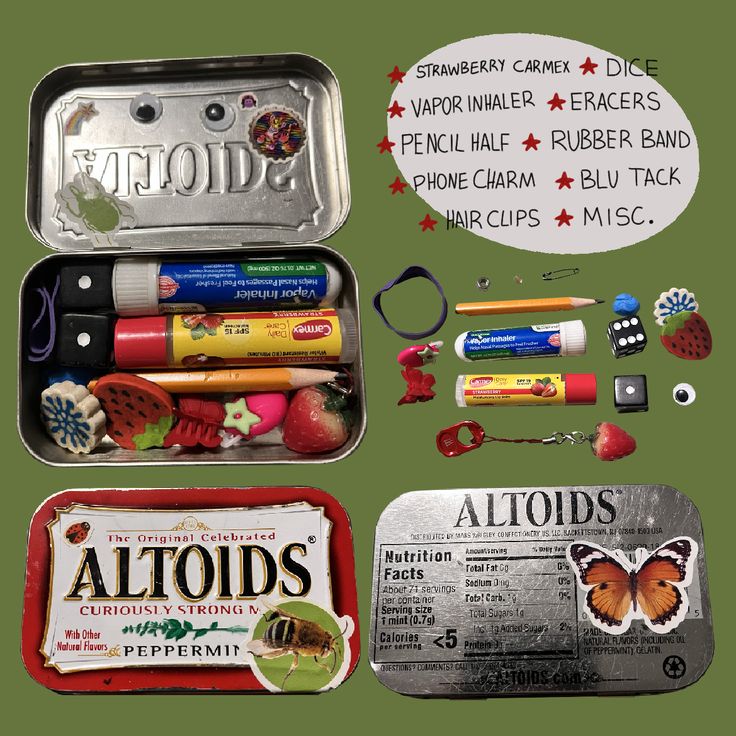 the contents of an altoids lunch box are shown