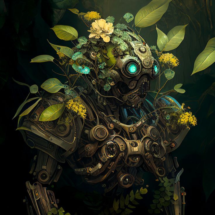 an image of a robot with flowers on its head and arms, in the middle of some plants