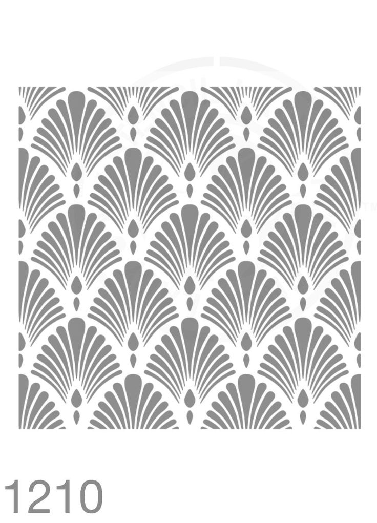 an art deco stencil pattern in grey and white, with the words 1210