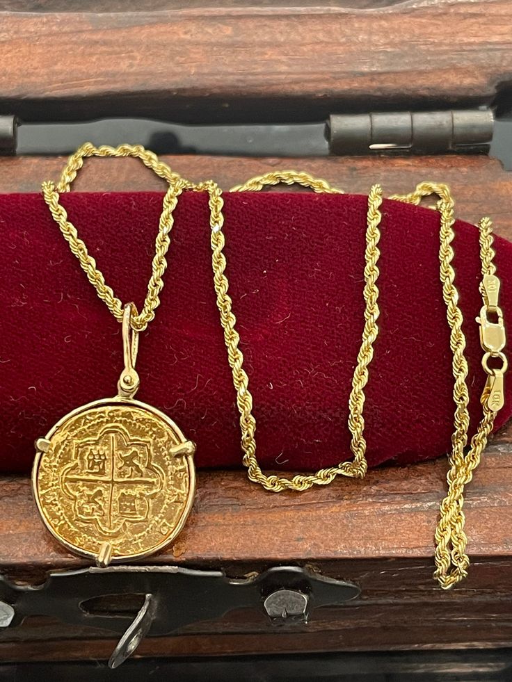 "14k gold Atocha shipwreck gold coin pendant with 10k gold rope chain 18\" long" 14k Gold Medallion Necklace With Rope Chain, Gold Coin Pendant, Key West Fl, Gold Rope Chains, Gold Coin, Shipwreck, Coin Pendant, Gold Coins, Key West