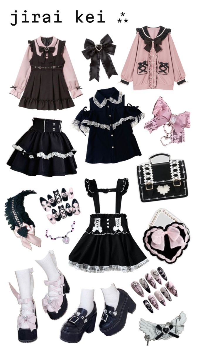 jirai kei outfit ,, (disclaimer, i am not extremely educated on these styles, i make these collages for fun!) Dark Kawaii, Kei Fashion, Jirai Kei, Grunge Goth, J Fashion, Really Cute Outfits, Kawaii Clothes, Japan Fashion, Harajuku Fashion