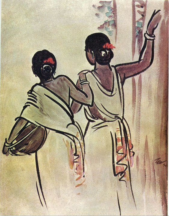 two women are dancing together in an artistic painting style, one is holding her hand up to the other