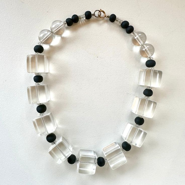 Very chunky, funky, fun 80's lucite ice cube statement necklace, originally purchased from The Museum of Contemporary Art in Chicago. Clear lucite and black beads. 18" long. In great vintage, pre-owned/worn condition. Clear Bead Necklace, Cube Necklace, Lucite Jewelry, Chunky Bead Necklaces, Artisan Bracelets, Necklace Craft, Chunky Beads, Funky Jewelry, Museum Of Contemporary Art