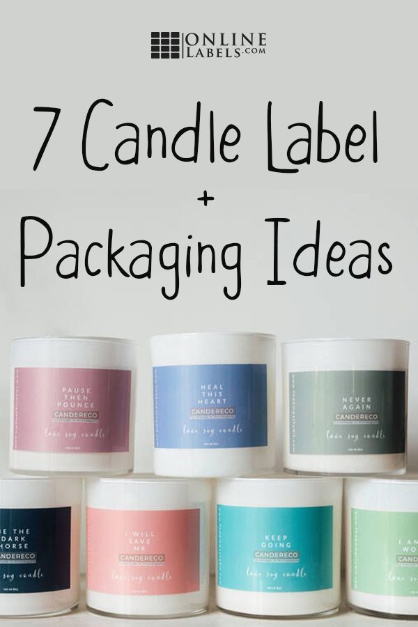 seven candles with the words 7 candle label packaging ideas in front of them on a white background