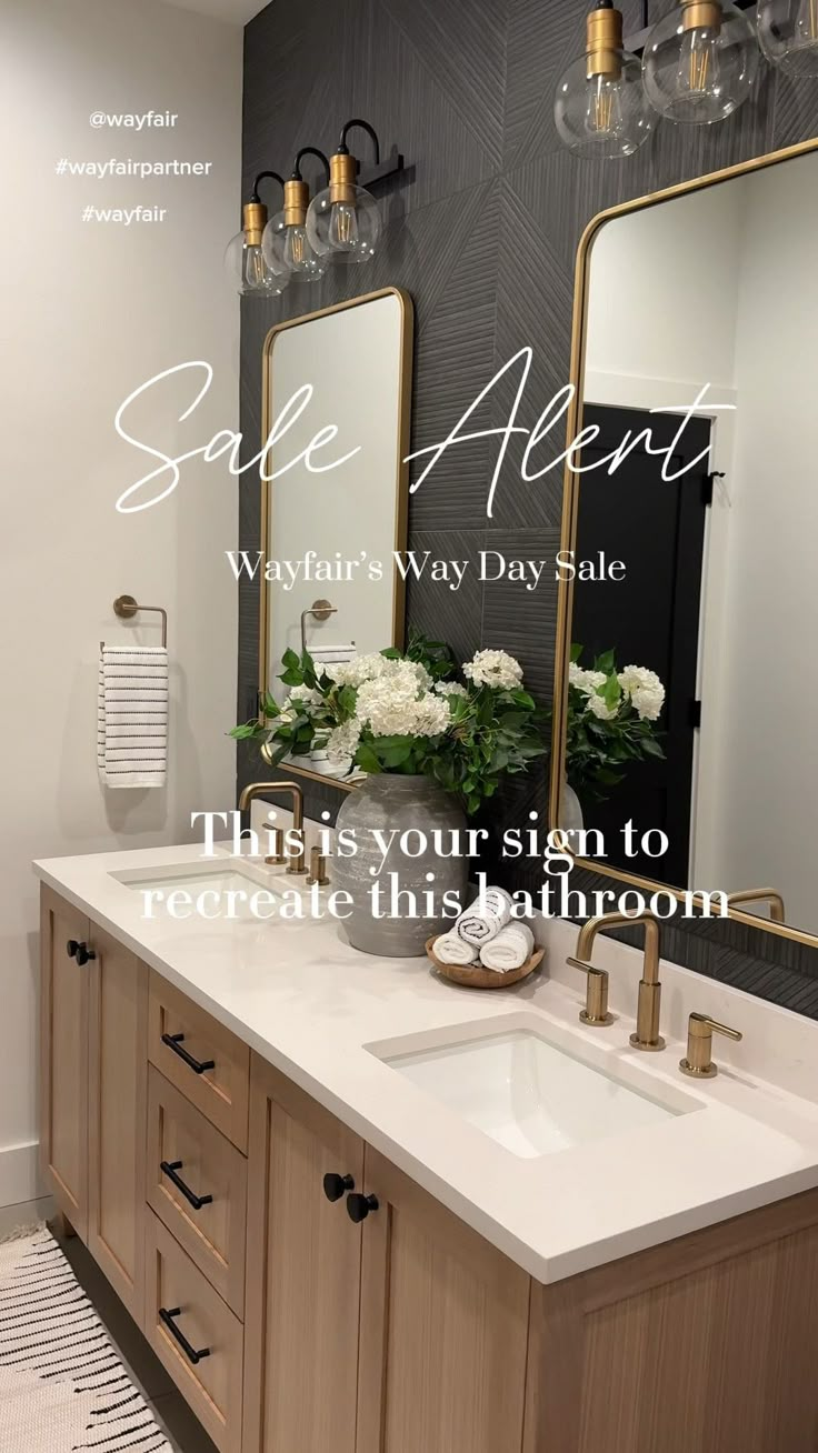 a bathroom vanity with two sinks and large mirrors above it is featured in the article sale alert